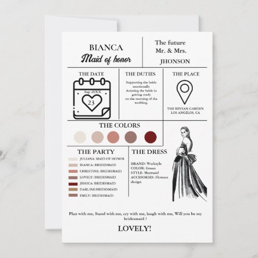 Moderne Trauzeugin Infocard Brautparty Karte (Vorderseite)