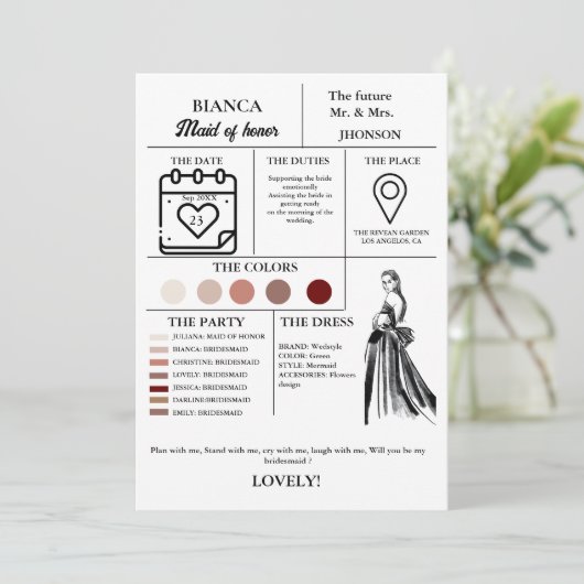 Moderne Trauzeugin Infocard Brautparty Karte (Stehend Vorderseite)