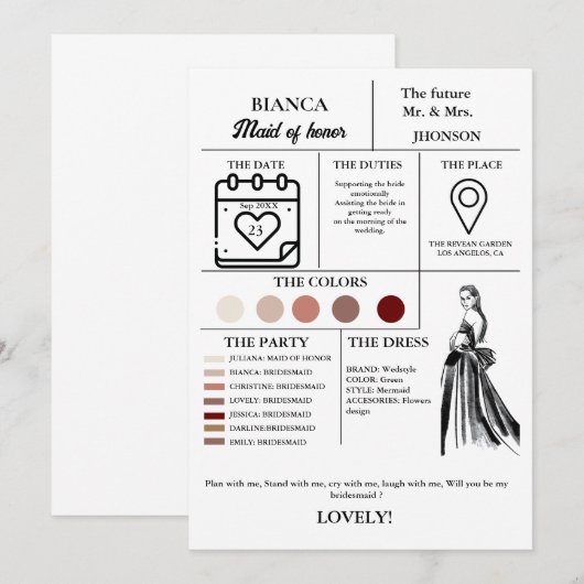 Moderne Trauzeugin Infocard Brautparty Karte (Vorne/Hinten)