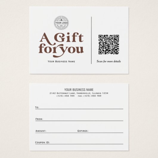 Moderne Trendbraune Typografie QR Code Gift Card (Vorne & Hinten)