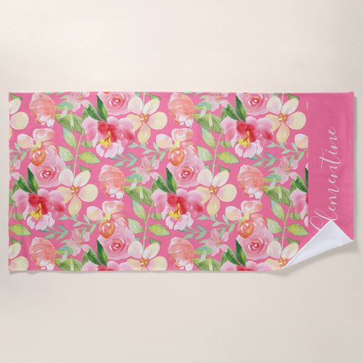 Moderne Trendfarben Rosa Rose Floral Wasserfarbe Strandtuch (Vorderseite)