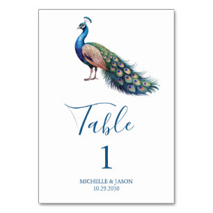Moderne Trendige Aquarell-Pfau-Hochzeit Tischnummer