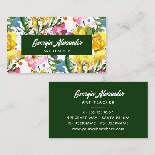 Moderne trendige Aquarellfarben Blumenlehrer Visitenkarte (Vorne/Hinten)