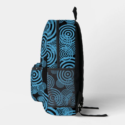 Moderne, trendige blaue Kreise auf schwarz Bedruckter Rucksack (Rechts)