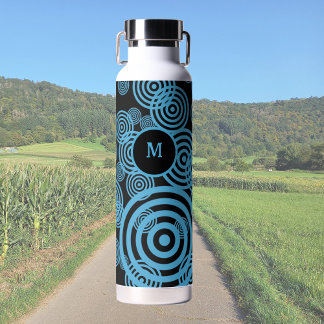 Moderne, trendige blaue Kreise auf schwarzer Monog Trinkflasche