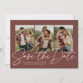 Moderne trendige Drehbuch drei Foto Terrakotta Save The Date