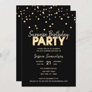 Moderne trendige Gold Black SURPRISE BIRTHDAY PART Einladung