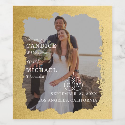 Moderne, trendige Goldrahmen-Foto-Hochzeit Weinetikett (Einzelnes Label)