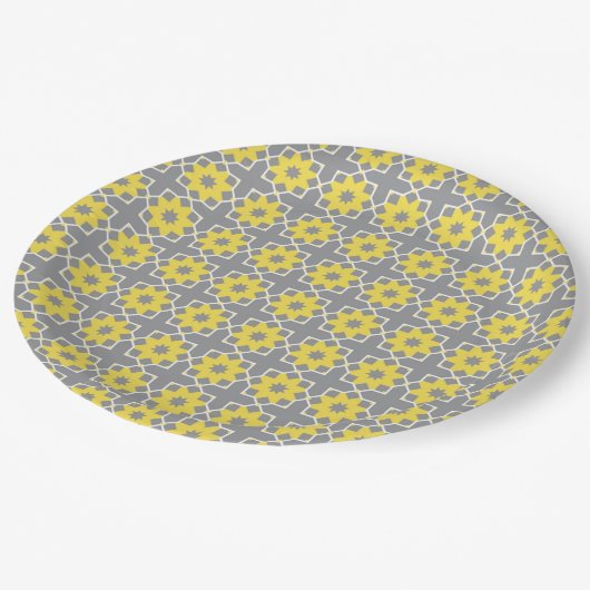 Moderne, trendige, graue und gelbe Blumen Pappteller (Schrägansicht)