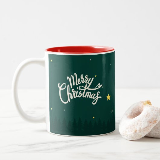 Moderne, trendige Grüne Bäume Frohe Weihnachtsfeie Zweifarbige Tasse (Mit Donut)