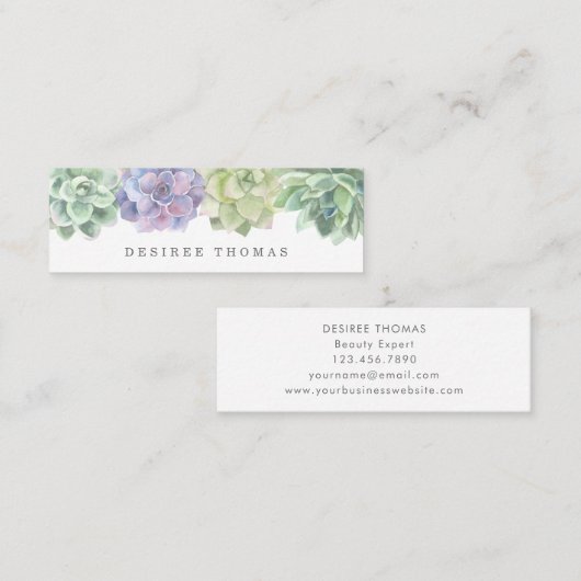 Moderne trendige, grüne Lila Aquarellsukkulturen Mini Visitenkarte (Vorne/Hinten)