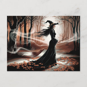 Moderne trendige Halloween-Hexe im Wald Postkarte