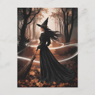 Moderne trendige Halloween-Hexe im Wald Postkarte