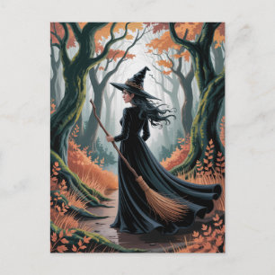 Moderne trendige Halloween-Hexe im Wald Postkarte