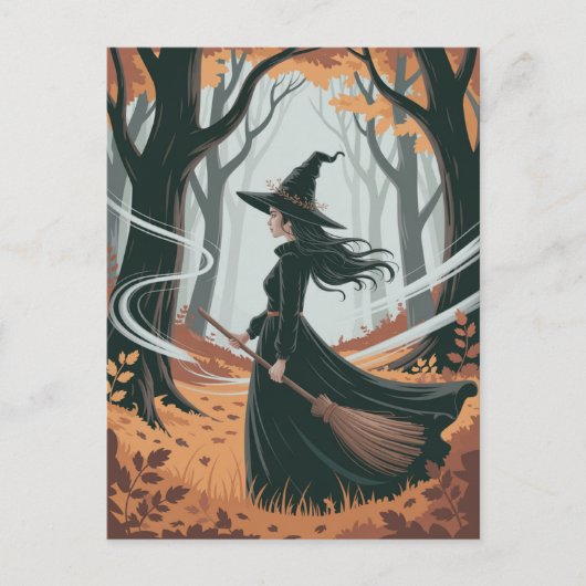 Moderne trendige Halloween-Hexe im Wald Postkarte (Vorderseite)