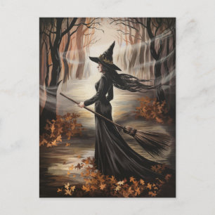 Moderne trendige Halloween-Hexe im Wald Postkarte