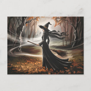 Moderne trendige Halloween-Hexe im Wald Postkarte