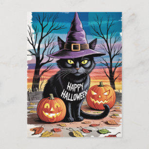Moderne trendige Halloween-Kürbisse und schwarze K Postkarte