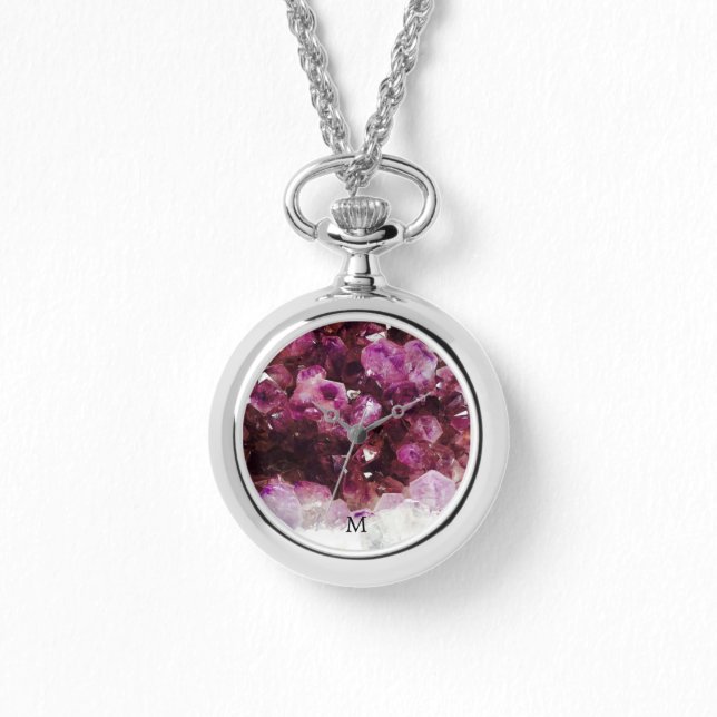 Moderne trendige, lila Amethystie mit Monogramm Armbanduhr (Vorderseite)