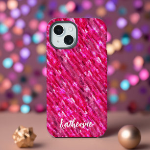 Moderne trendige Monogramm-Hot-Pink-Glitter iPhone 15 Hülle