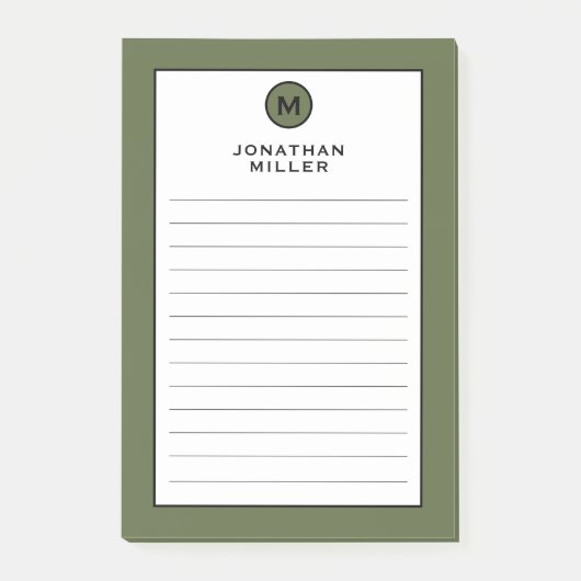 Moderne, trendige Olive Green Monogram Linse Post-it Klebezettel (Vorderseite)