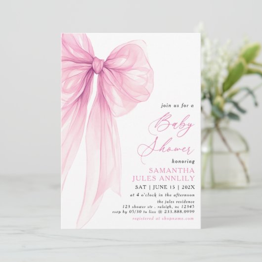 Moderne, trendige Pink Bow Baby Dusche Einladung (Stehend Vorderseite)