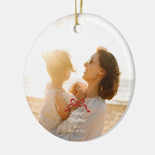 Moderne, trendige Red Retro Bows Foto Weihnachten Keramik Ornament (Links)