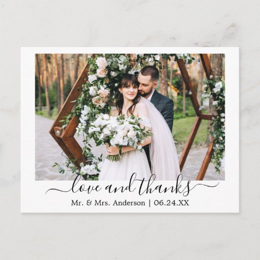 Moderne, trendige Script-Liebe dank Wedding Foto Postkarte (Vorderseite)