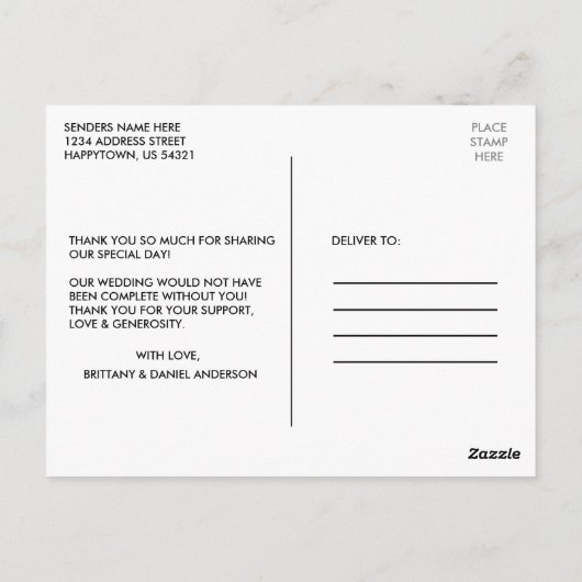 Moderne, trendige Script Wedding Liebe und Danke Postkarte (Rückseite)