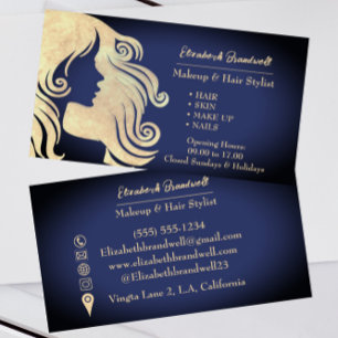 Moderne Trendsetter Navy Blue & Gold Makeup Hairst Visitenkarte