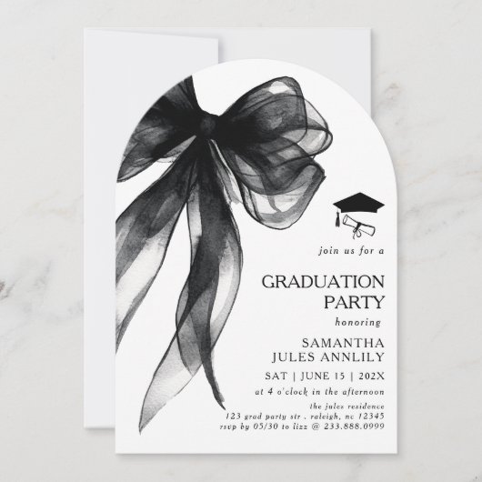 Moderne Trendy Black Bow Graduation Party Einladung (Vorderseite)