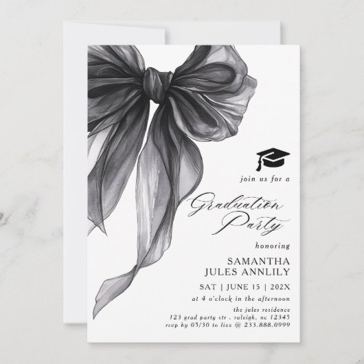Moderne Trendy Black Bow Graduation Party Einladung (Vorderseite)