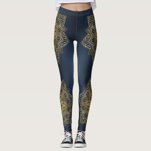 Moderne Trendy Blue Gold Mandala Leggings (Vorderseite)