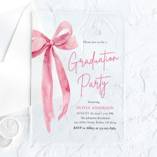 Moderne Trendy Blush Pink Bow Graduation Party Acryleinladungen