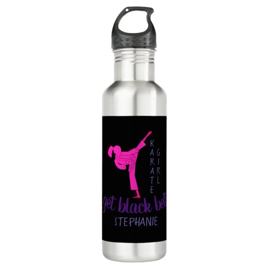 Moderne trendy Girly Black Pink Karate Silhouette Edelstahlflasche (Vorderseite)