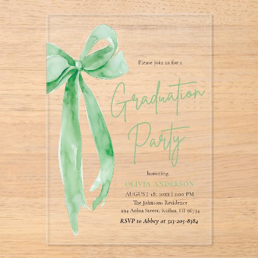 Moderne Trendy Lime Green Bow Graduation Party Acryleinladungen (Vorderseite)