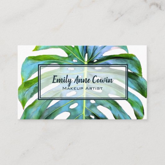 Moderne Trendy Makeup Artist Tropical Leaf Grüne Visitenkarte (Vorderseite)