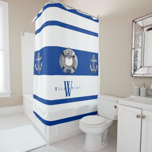 Moderne trendy nautical Blue und White Long Duschvorhang (Beispiel)