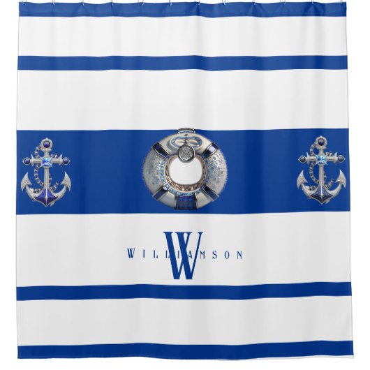 Moderne trendy nautical Blue und White Long Duschvorhang (Vorderseite)