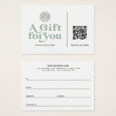 Moderne Trendy Sage Green QR Code Geschenkgutschei (Vorne & Hinten)