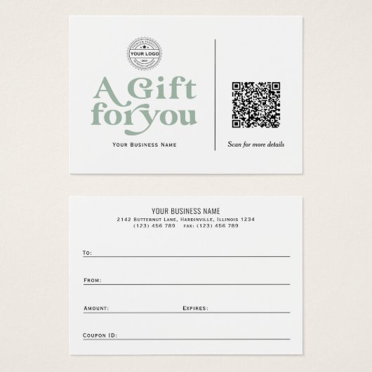 Moderne Trendy Sage Green QR Code Geschenkgutschei (Vorne & Hinten)