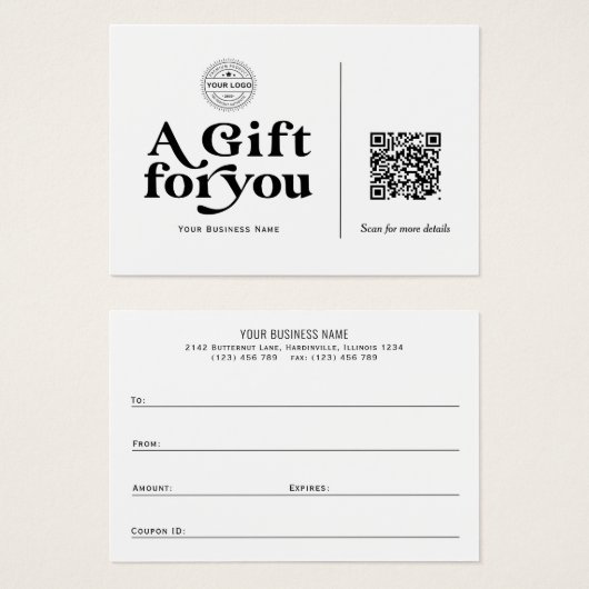 Moderne Trendy Typografy QR Code Geschenkgutschein (Vorne & Hinten)