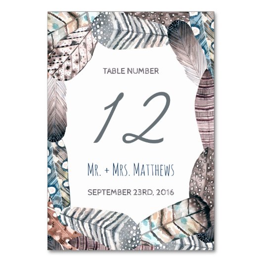 Moderne Tribal Feathers Bohemisch Hochzeit Tischnummer (Vorderseite)