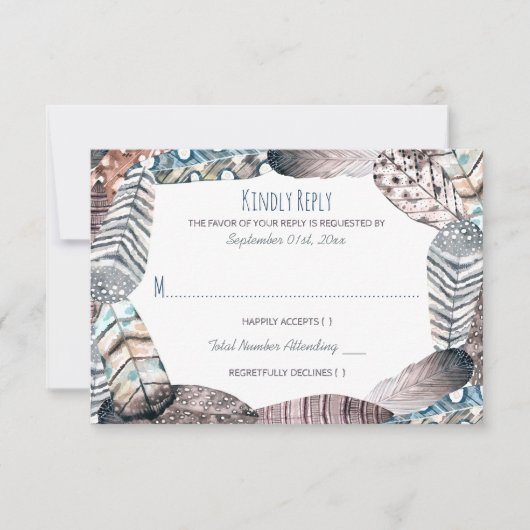 Moderne Tribal Feathers Bohemisch Wedding RSVP Karte (Vorderseite)