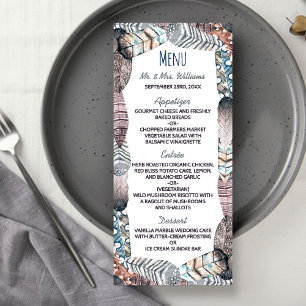 Moderne Tribal Feathers Bohemische Hochzeitmenü Werbekarte