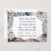 Moderne Tribal Federn Save the Date Bohemisch Ankündigungspostkarte (Vorne/Hinten)