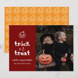 Moderne 'Trick or Treat' Familienfoto Halloween Feiertagskarte