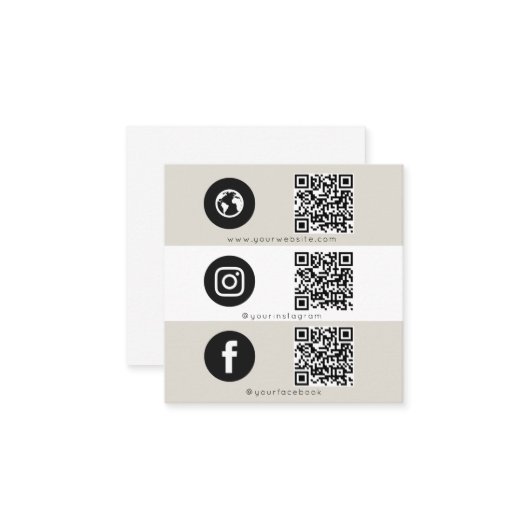 Moderne Triple Icon & QR Code Social Media Beige Quadratische Visitenkarte (Vorderseite/Rückseite Beispiel)