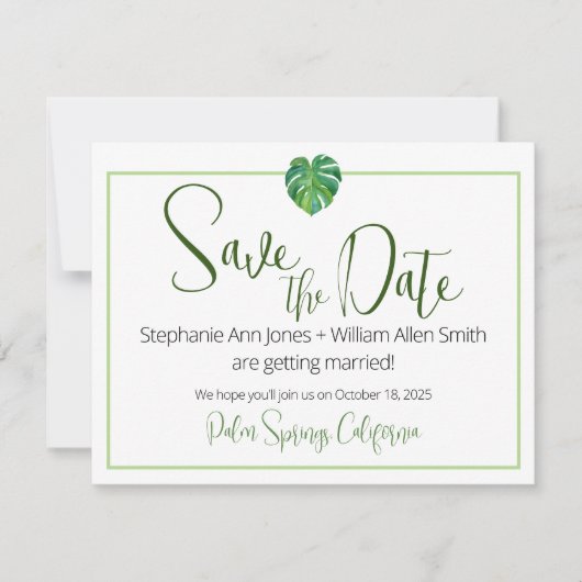 Moderne Tropenflachkarte Save the Date (Vorderseite)