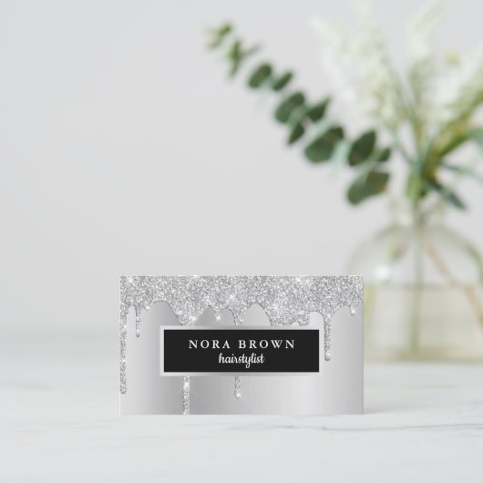 Moderne Tropfen aus Silber-Glitzer Visitenkarte (Stehend Vorderseite)